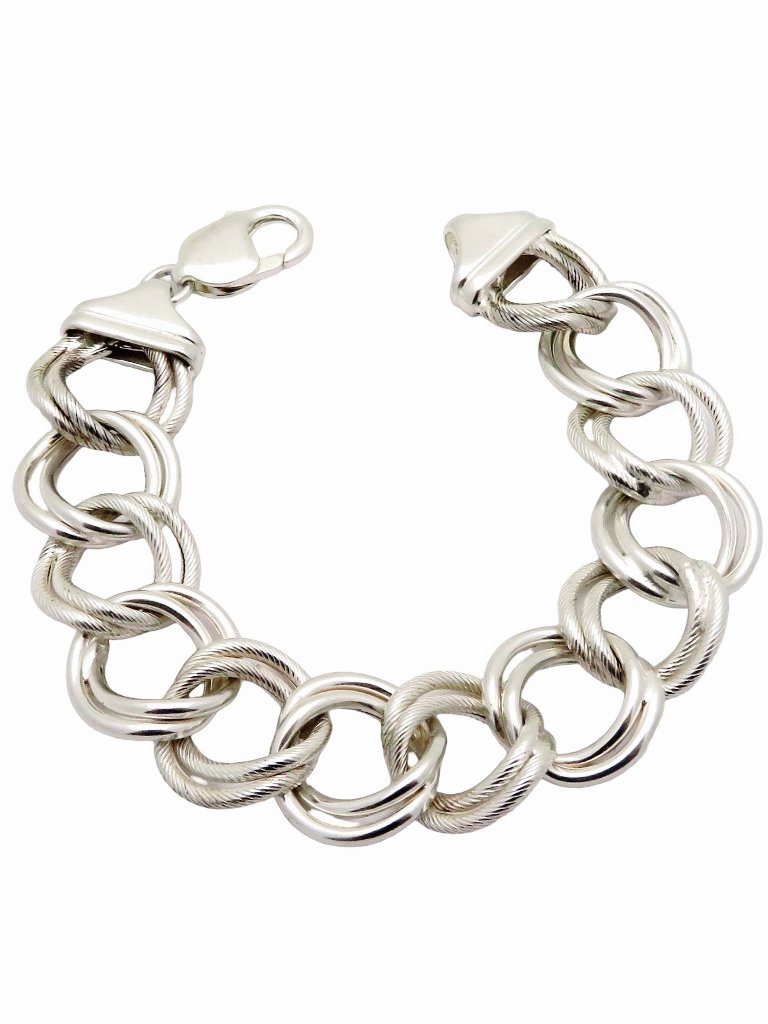 Vintage Italian Sterling Silver Textured  Smooth Double Link Charm Bracelet
